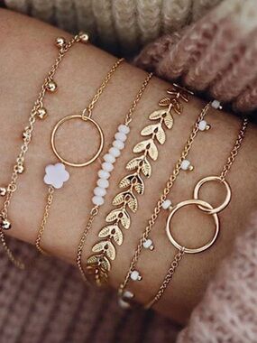 Gold Layered Bracelet Set with White Bead Accents